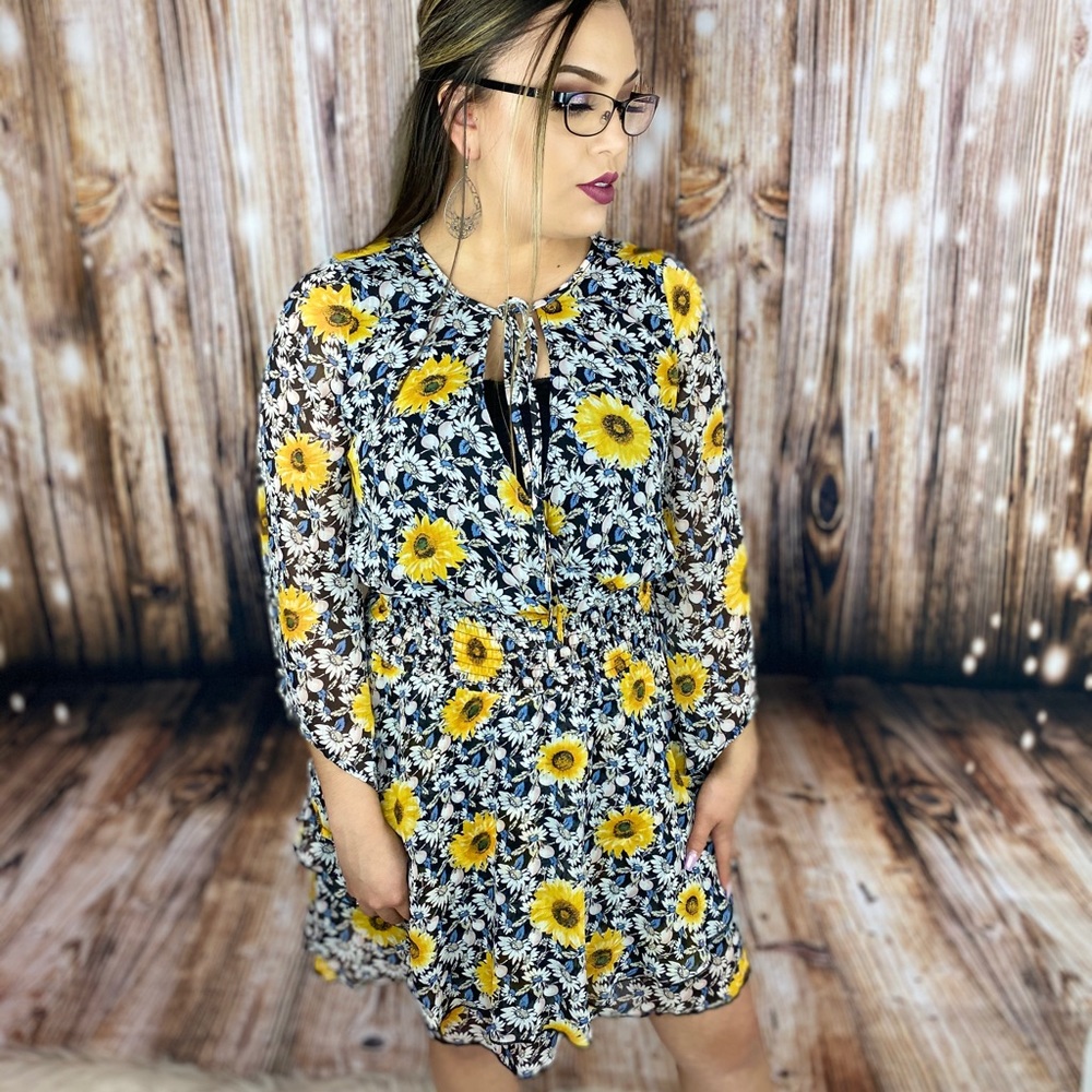 Black/Yellow Sunflower Print Dress